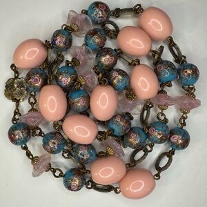 Vintage Floral Beaded Necklace - Pink and Blue